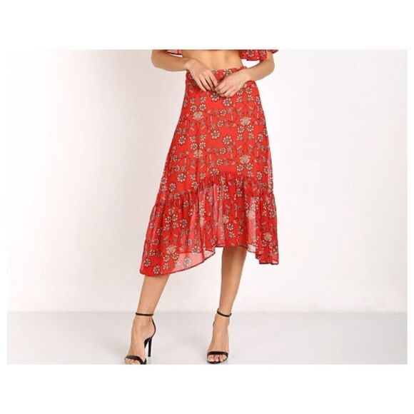 For Love & Lemons Dresses & Skirts - For Love And Lemons Country Western Asymmetrical Red Floral Pia Midi Skirt Size